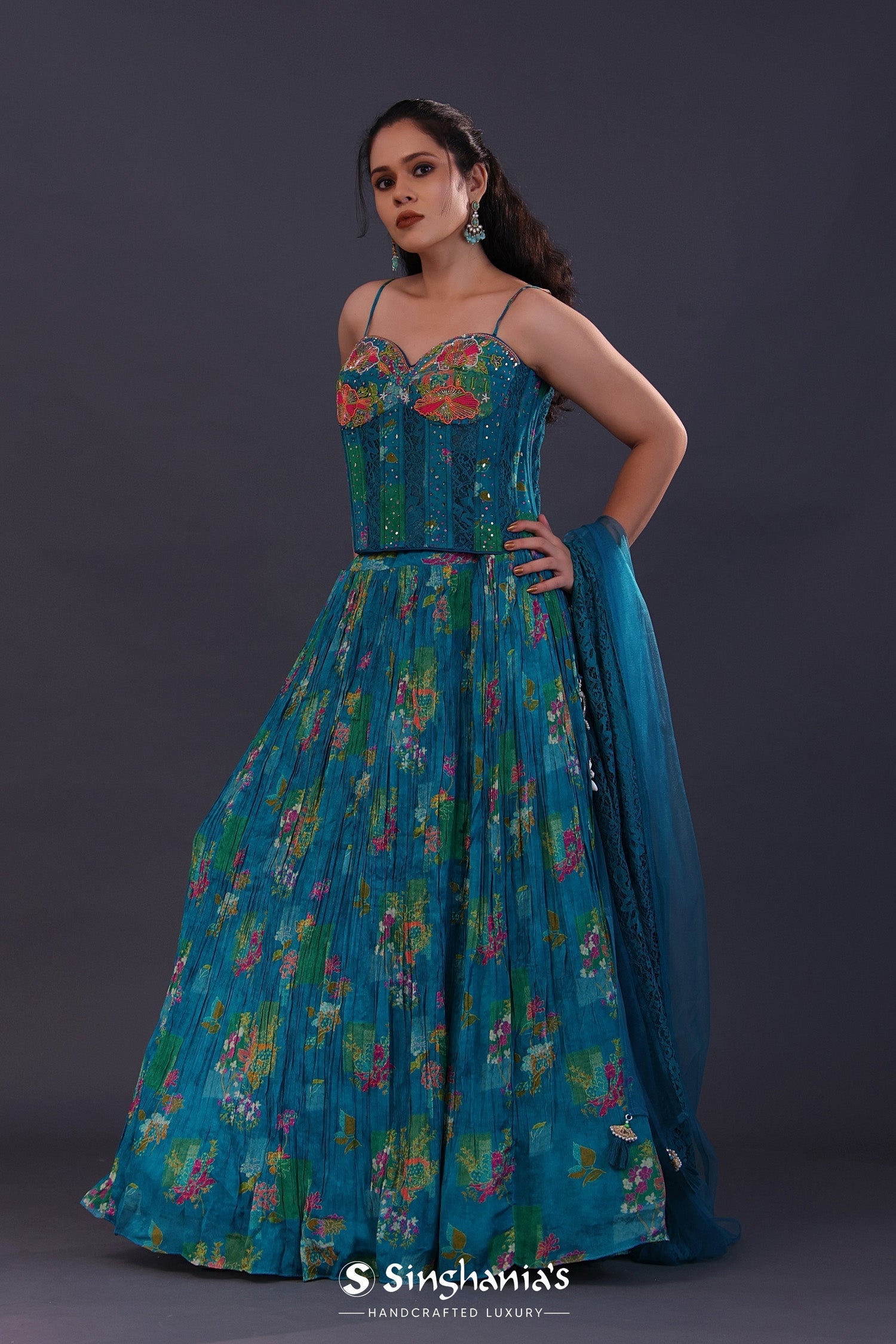Cerulean Blue Georgette Floral Printed Lehenga Set