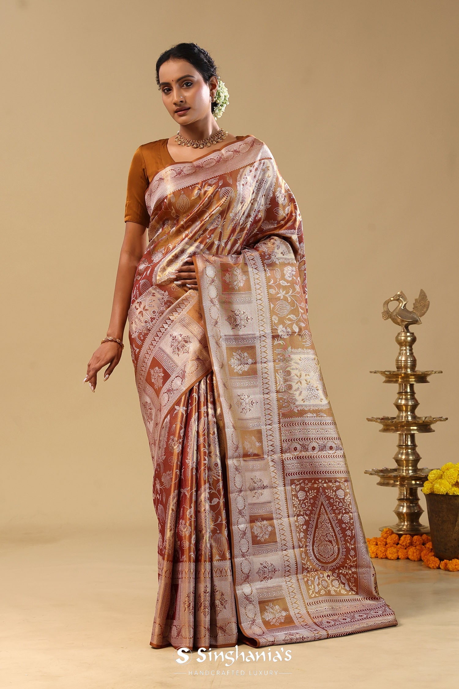 Caramel Brown Kanjivaram Tissue Saree With Designer Border