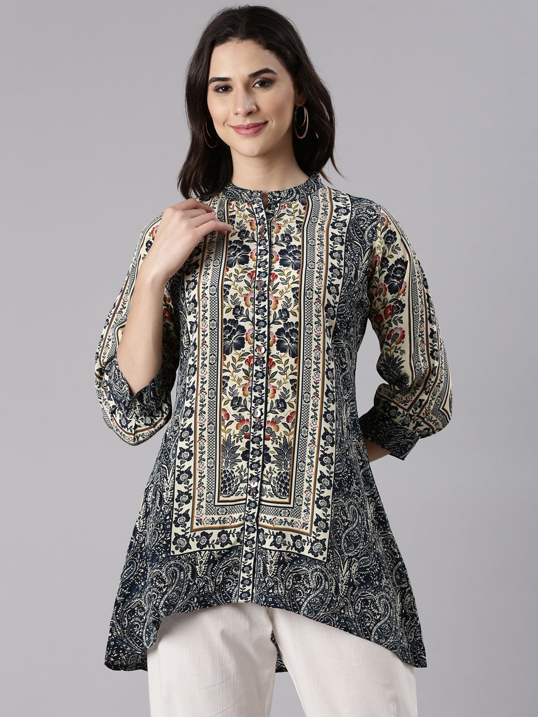 Grey Crepe Kalamkari Print Top