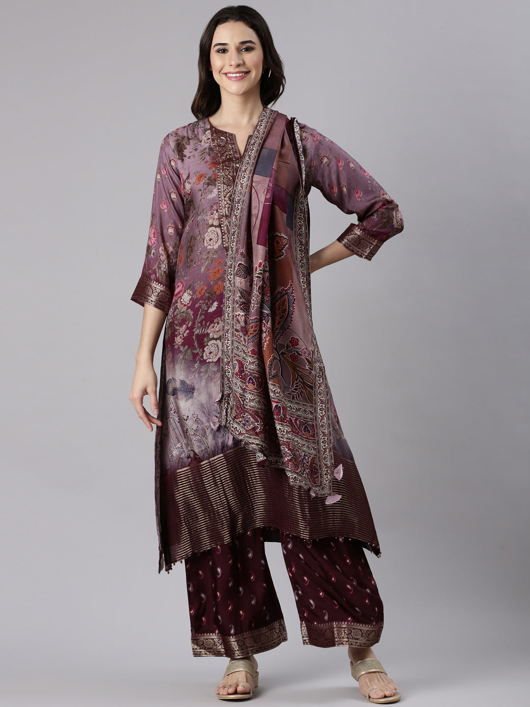 Grape Muslin A Line Cut Three Piece Set