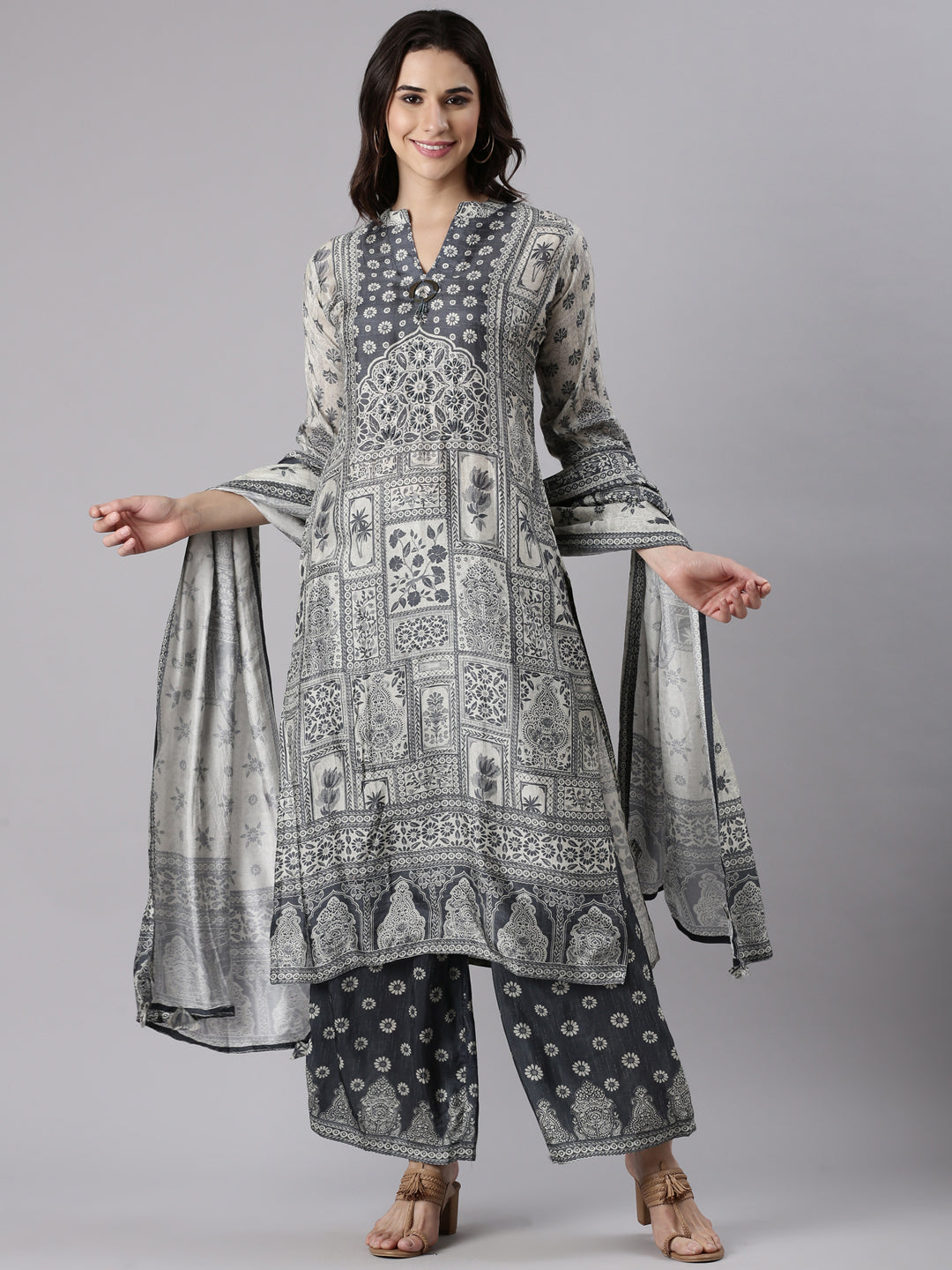 Gray Muslin Printed Three Piece Set