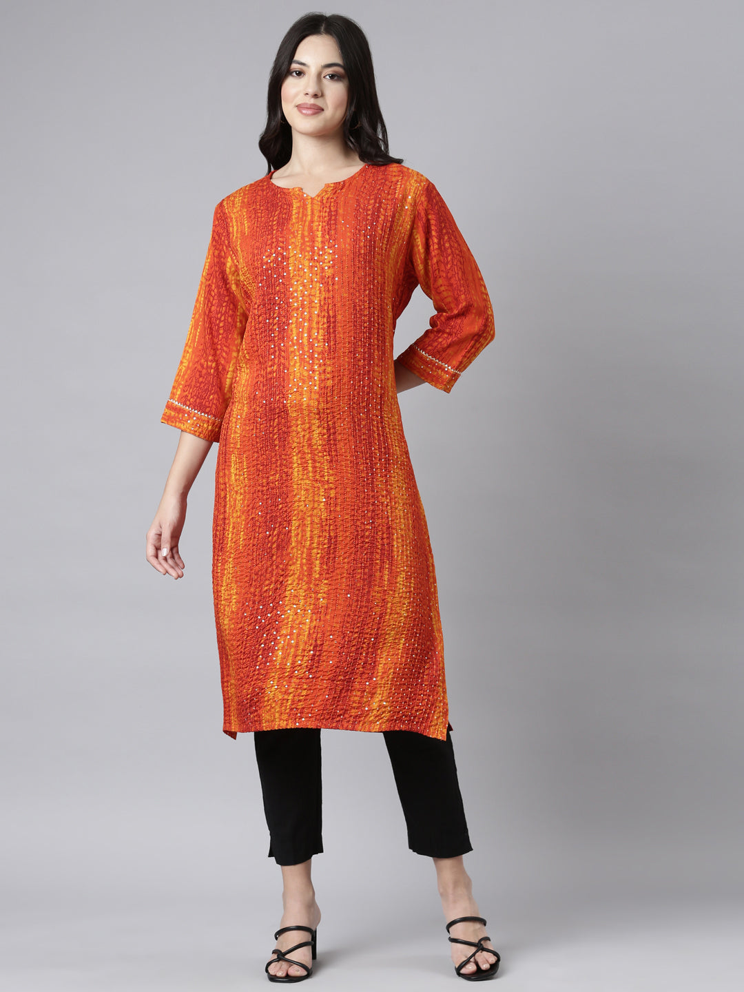 Neerus Orange Regular Straight Embellished Kurtas