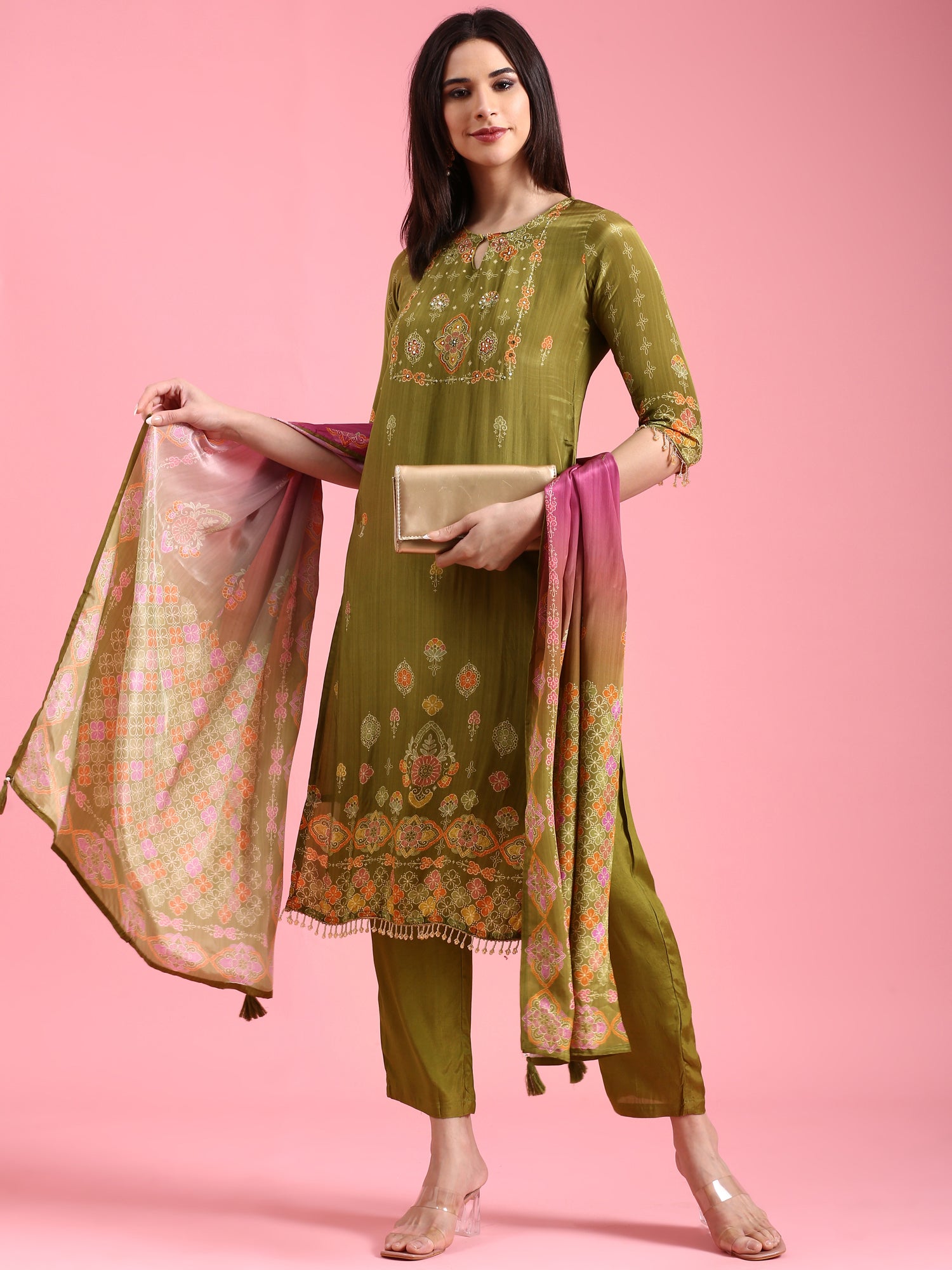 Green Crepe Printed Three Piece Suit Set