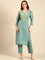 Mint green linen thread embroidery two piece suit set