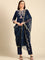 Midnight Blue thread work three piece crepe suit set with organza dupatta