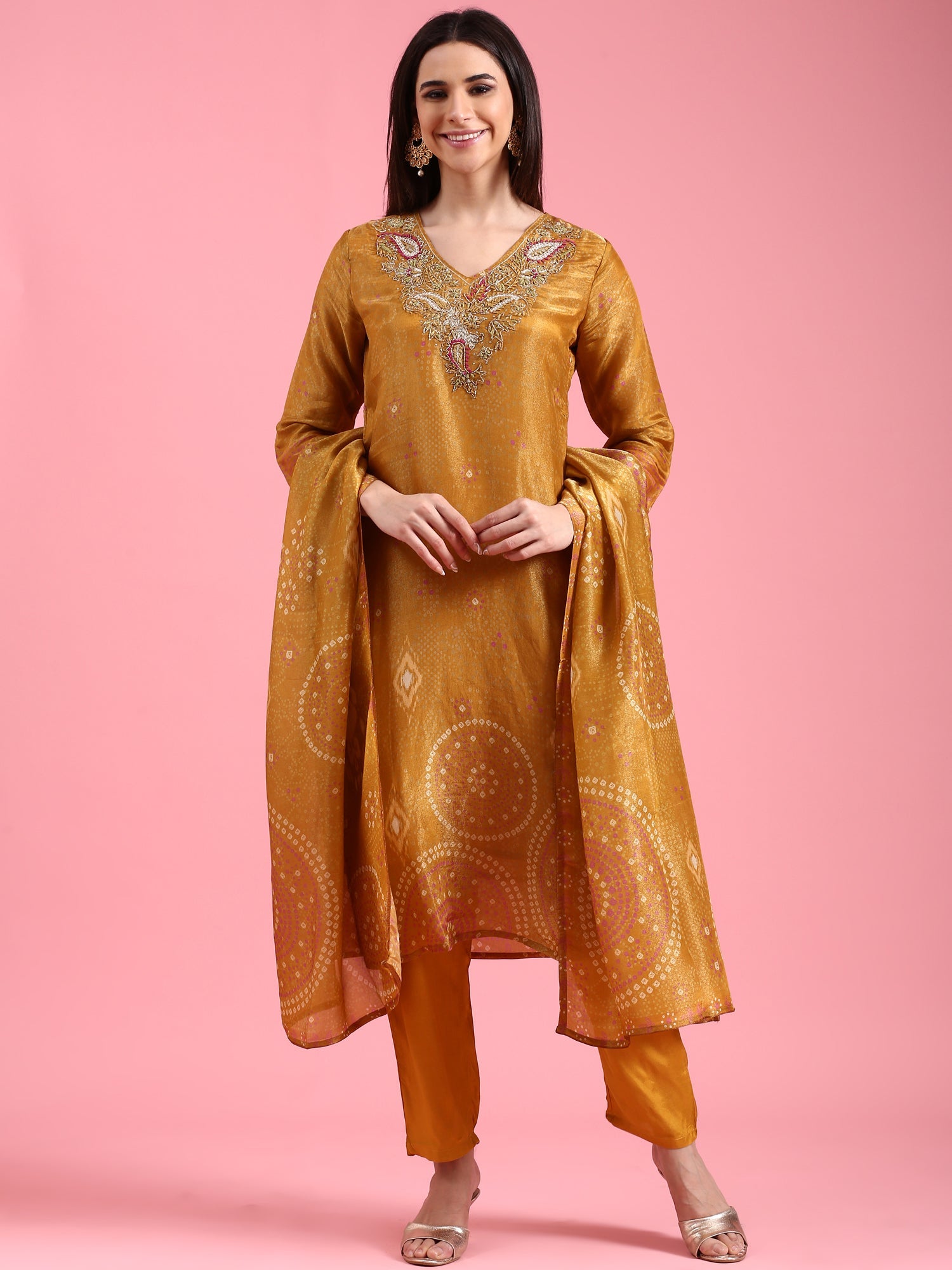 Mustard Tissue Printed Embroidery Three Piece Suit Set