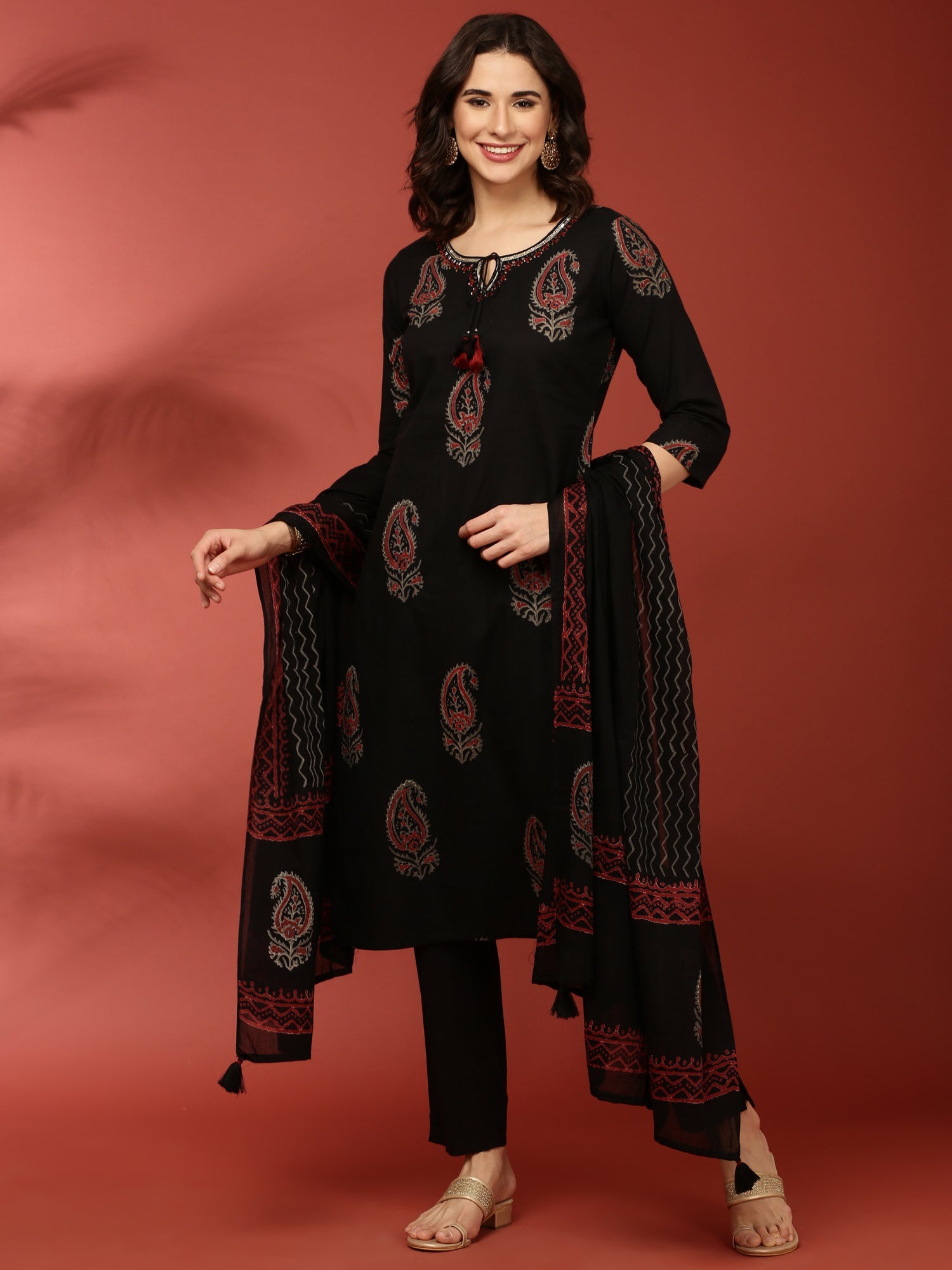 Black Cotton Printed Three Piece Set