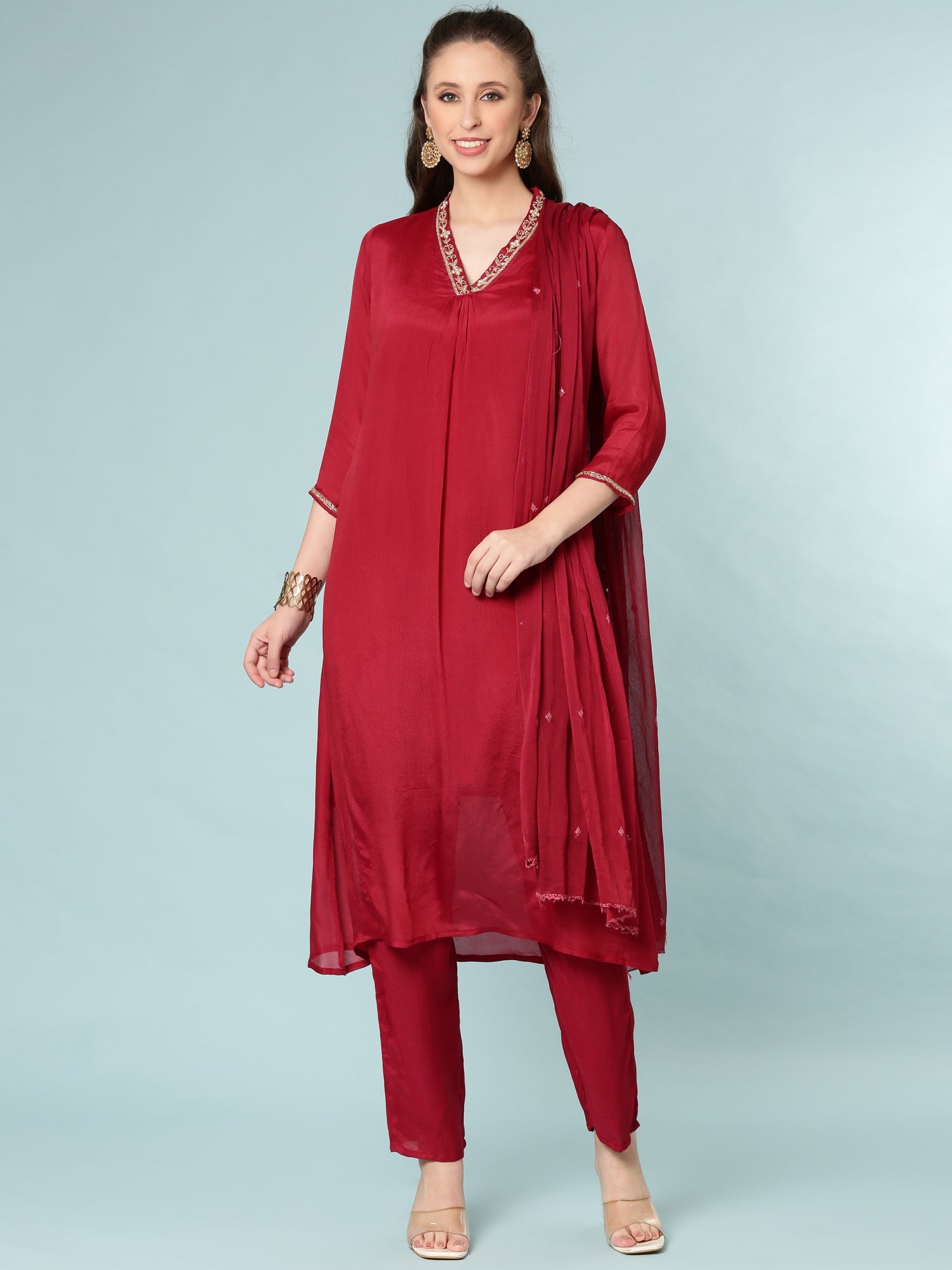 Maroon Chinnon Three Piece Set