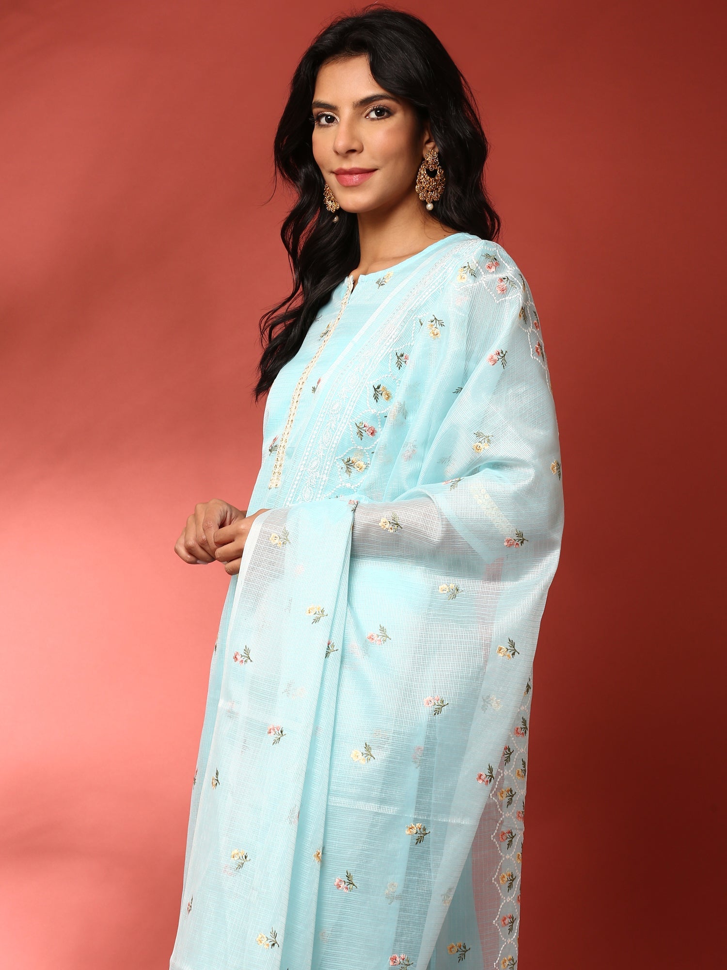 Ferozi Kota doriya Resham thread work three piece suit set