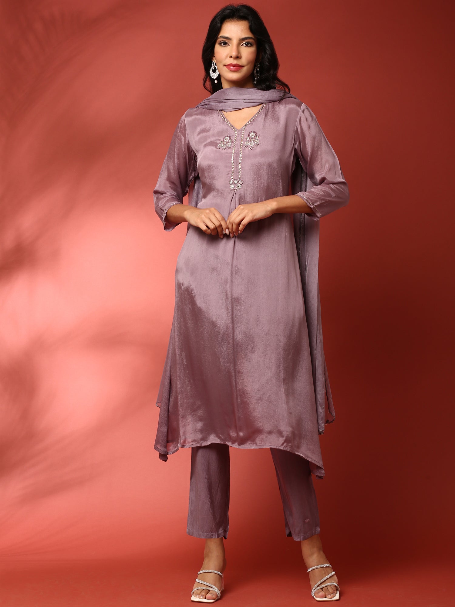 Lilac chinon embroidered three piece suit set