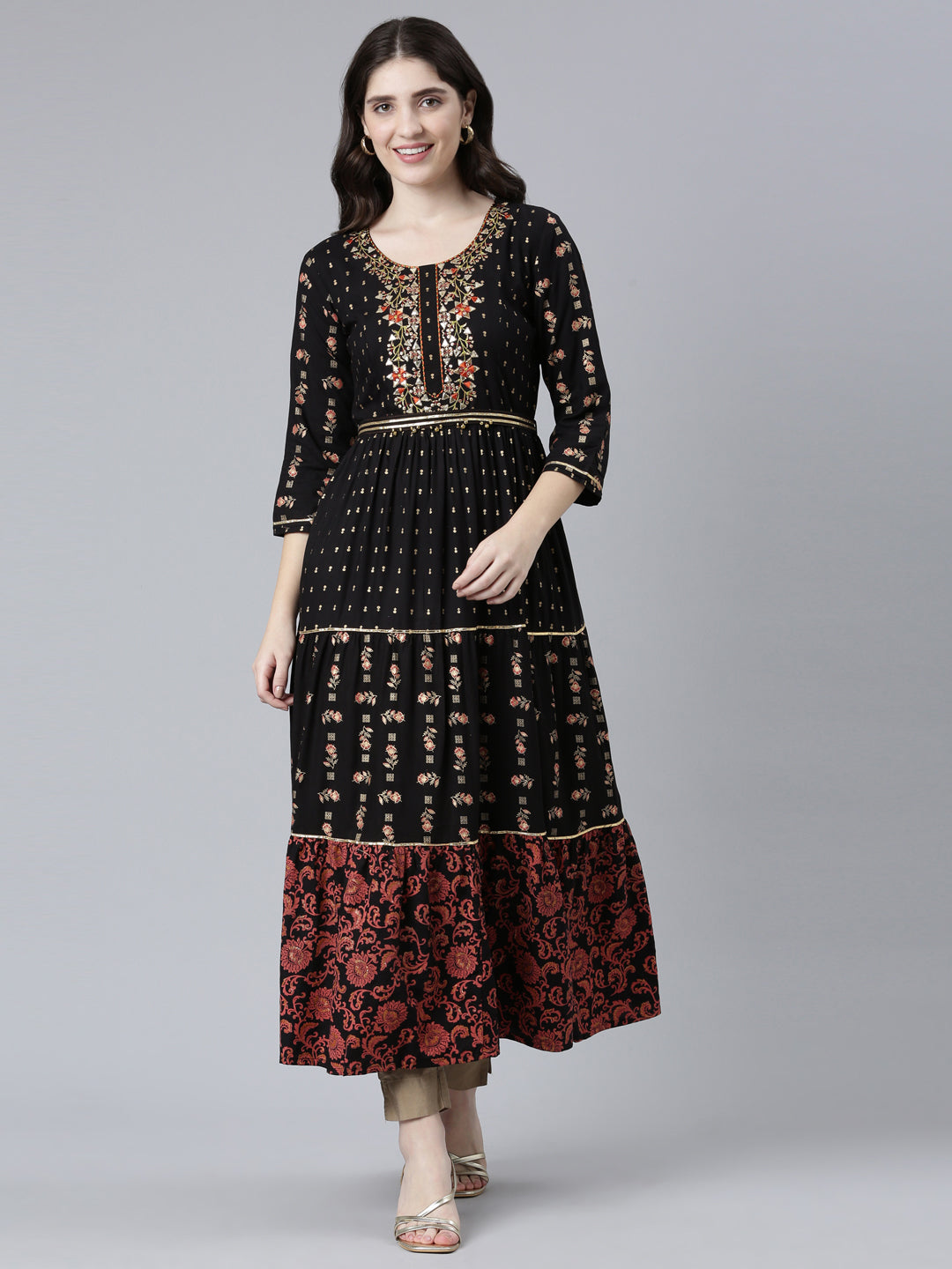 Neeru's Black Straight Casual Printed Dress