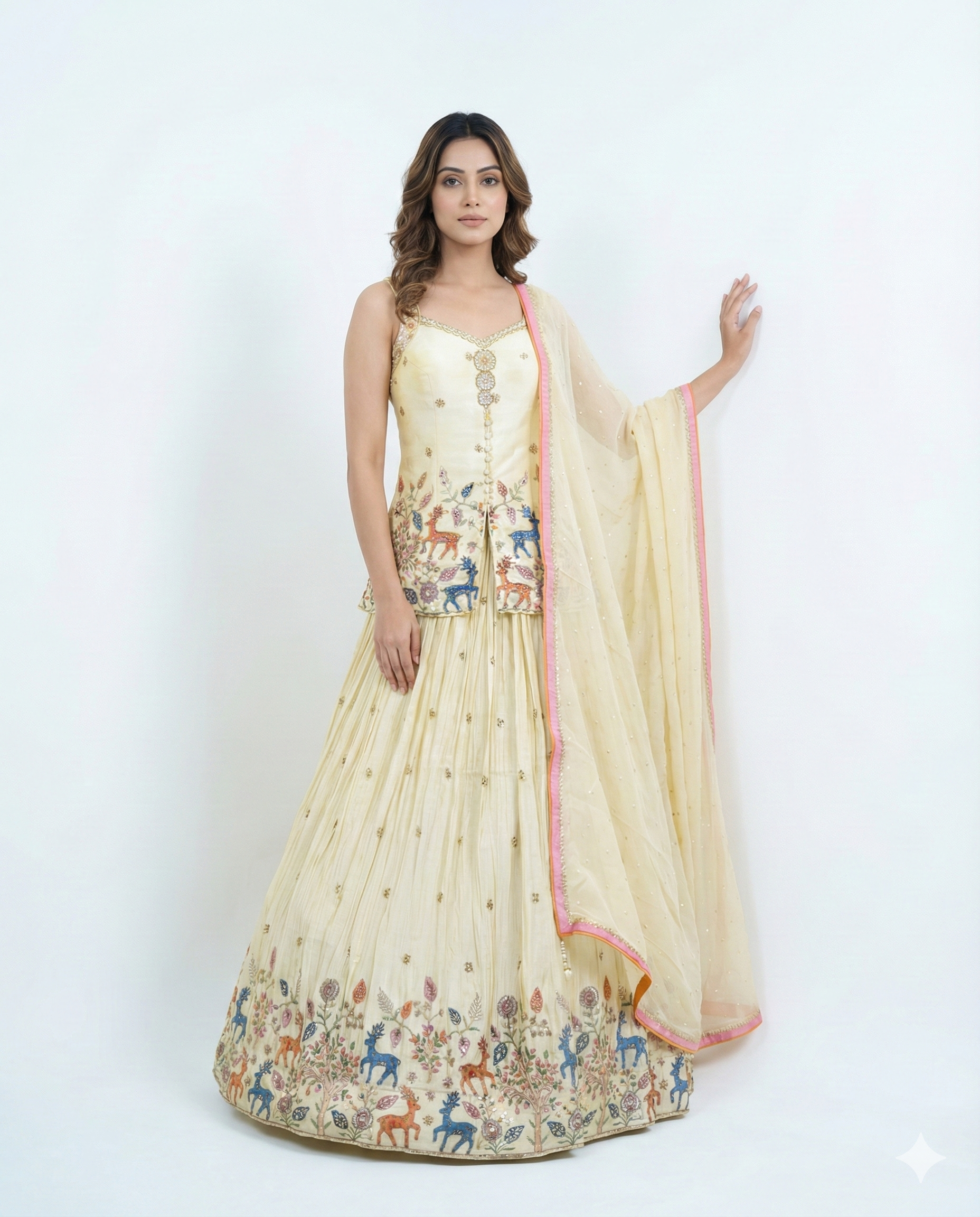 Tissue Fabric Lehenga with Hand Thread Embroidery on Border & Top