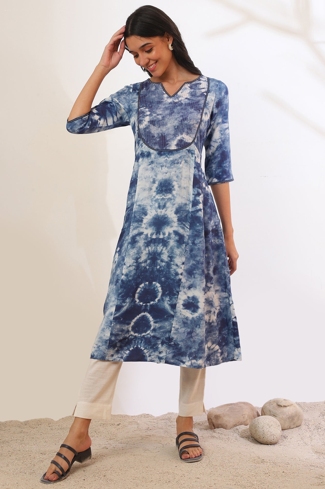 Blue Shibori Printed A-Line Kurta with Lace Detail