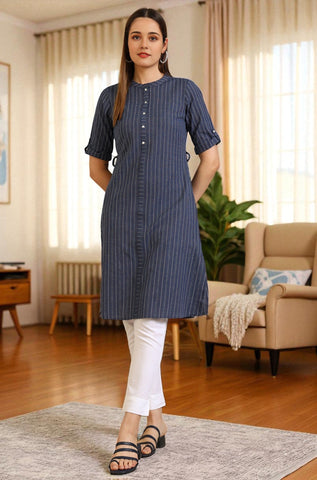Blue Striped Pure Cotton Mandarin Collar Straight Kurta