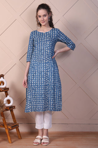 Blue Batik Printed Pure Cotton Straight Kurta
