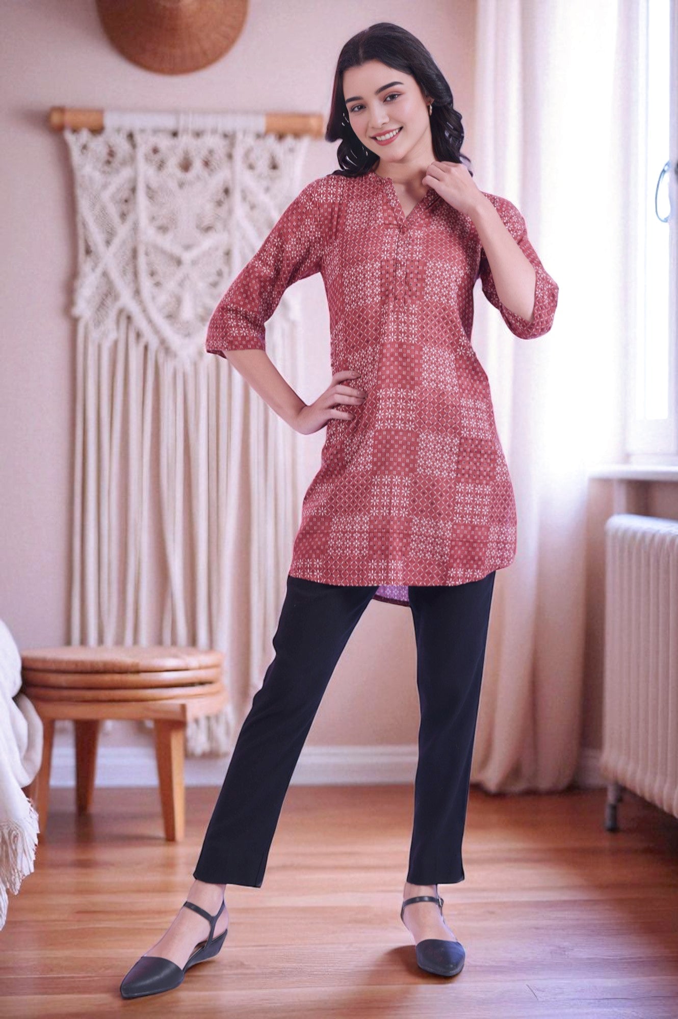 Brown Printed Straight Pure Cotton Kurti