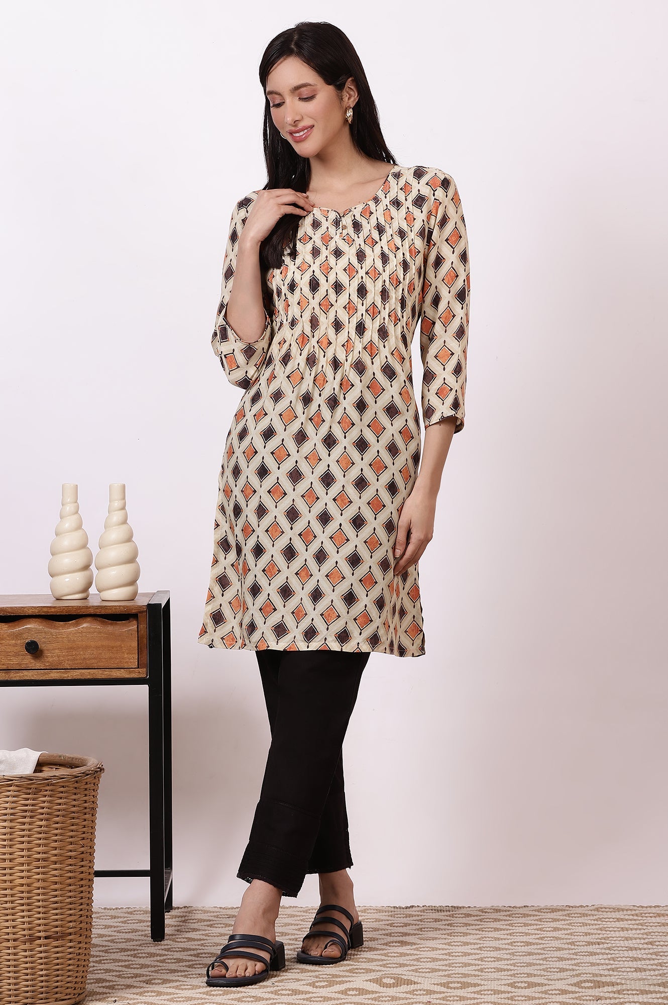 Beige Bold Geometric Printed Modal Straight Kurti