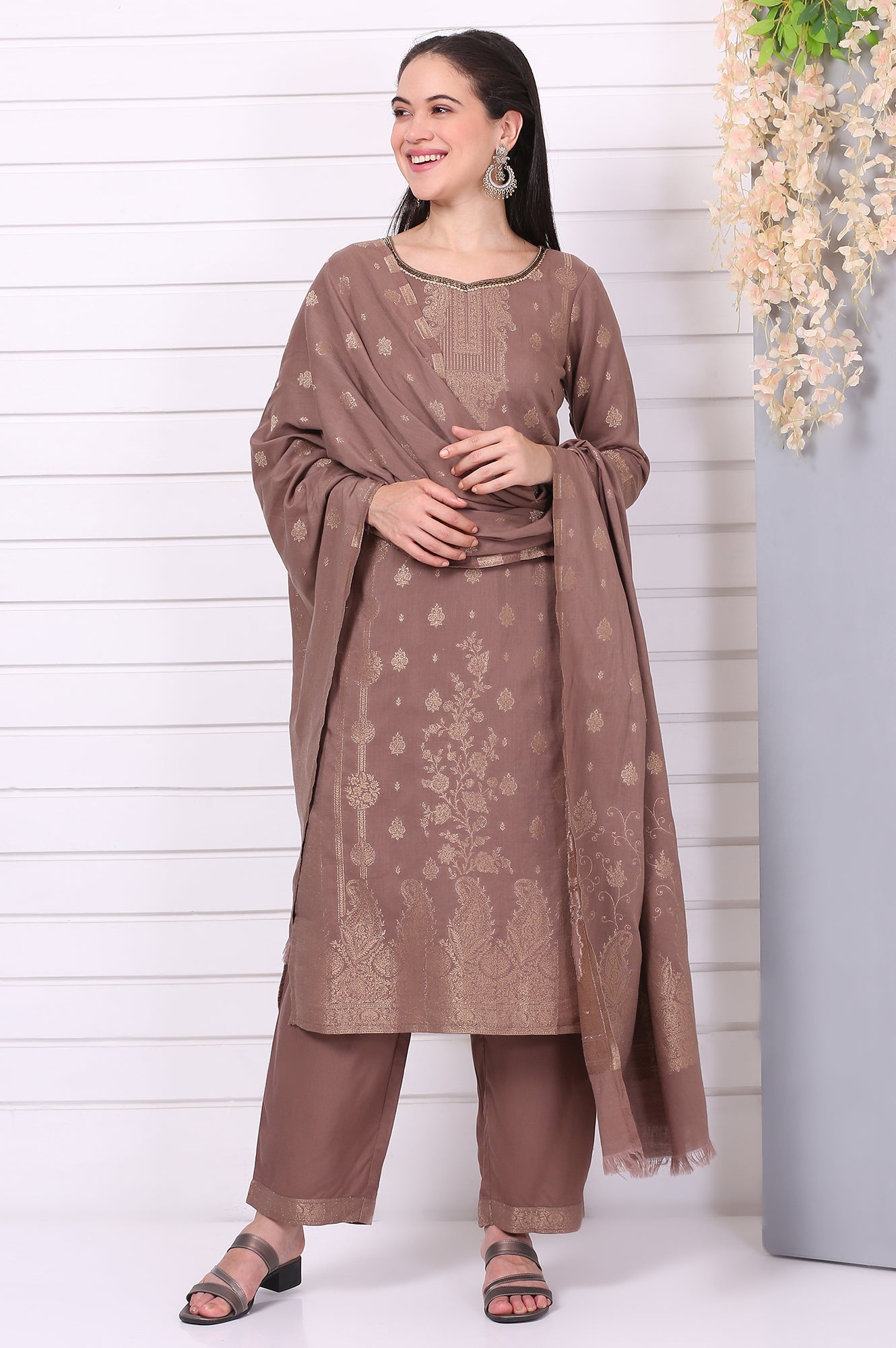 Brown Floral Printed Beads Straight Cotton Blend Kurta, Palazzos and Dupatta Set