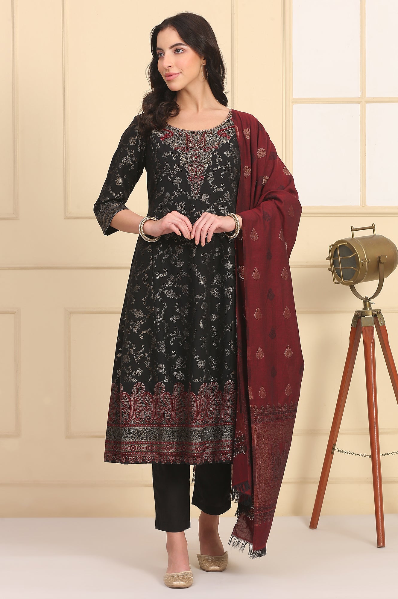 Black Solid Bead Embellished Flared Festive Kurta, Trousers and Dupatta Set