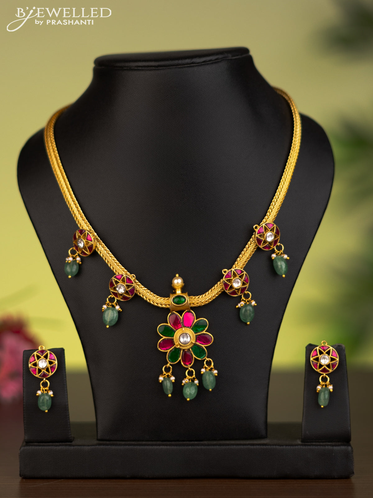 Antique attigai necklace floral necklace with jadau kundan stones and natural beads & pearl hangings