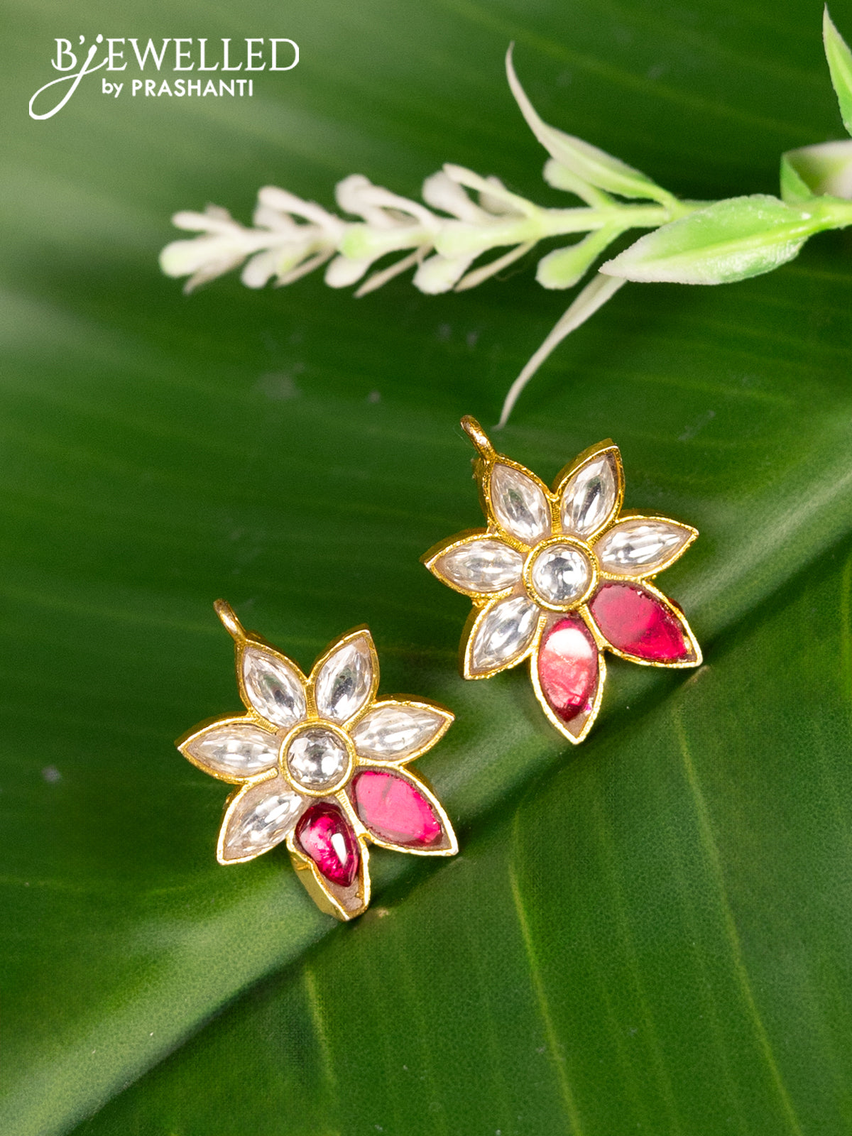 Bugadi earrings floral design with pink jadau kundan stones