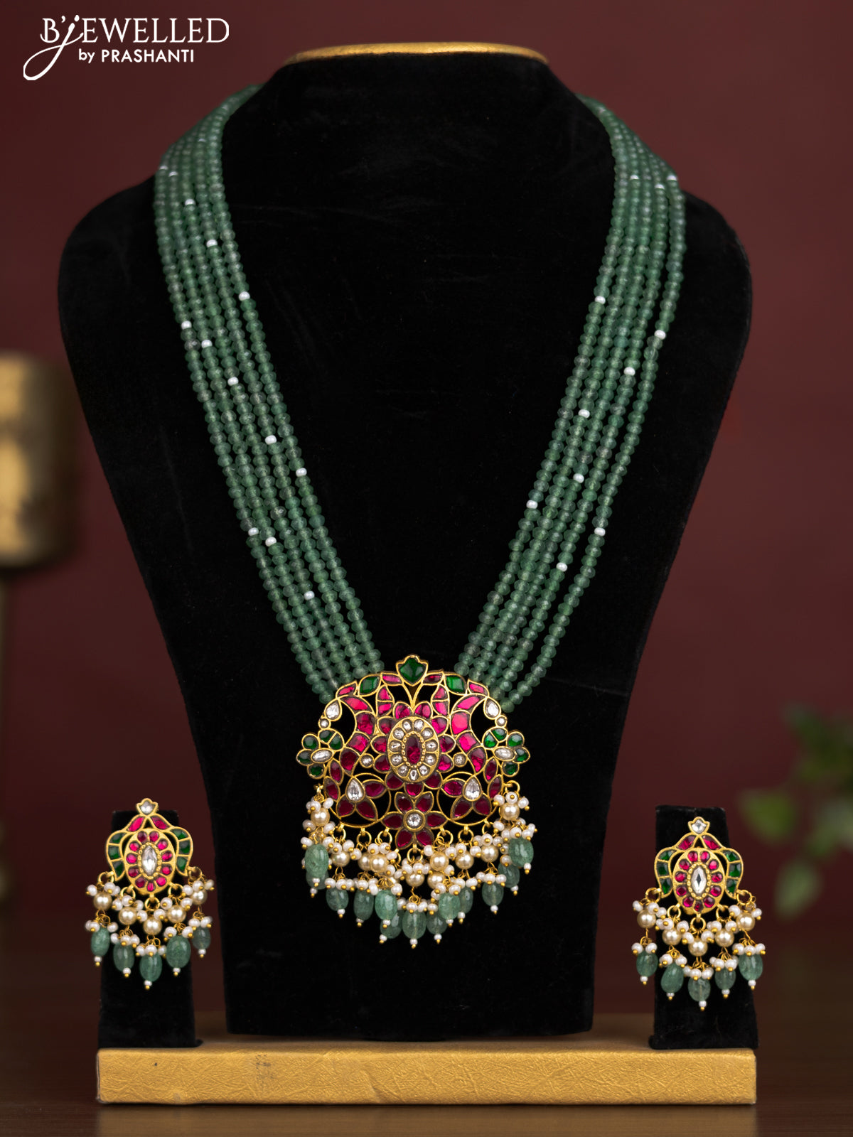 Antique beaded green necklace floral pendant with jadau kundan stones and pearl & beads hangings