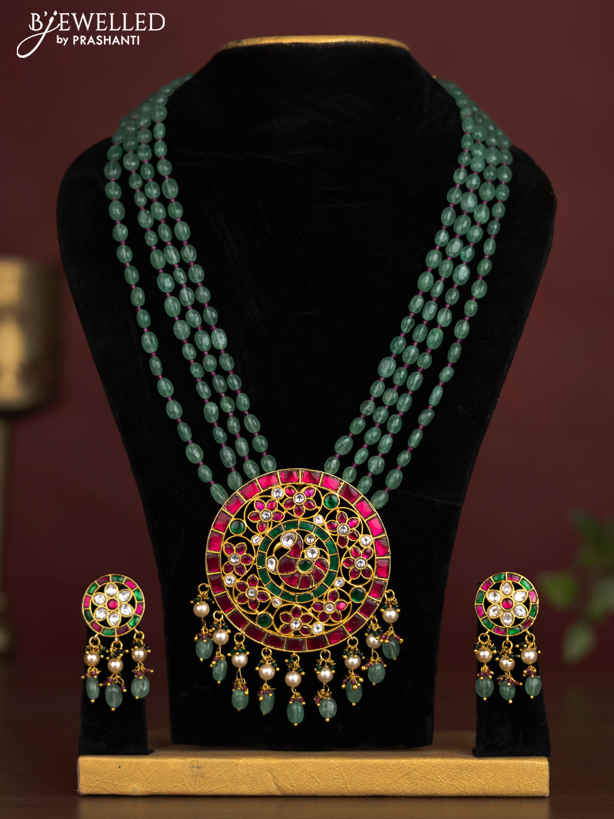Antique beaded green necklace peacock pendant with jadau kundan stones and pearl & beads hangings