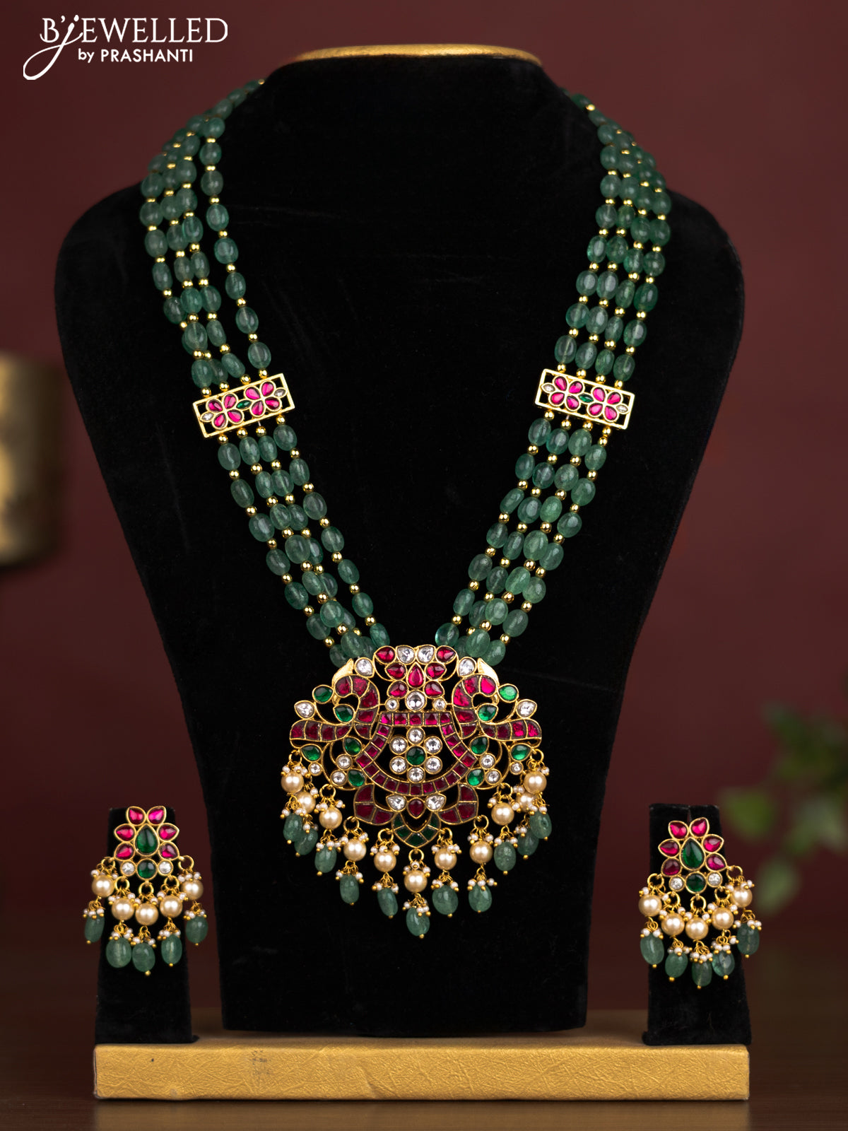 Antique beaded green necklace double peacock pendant with jadau kundan stones and pearl & beads hangings