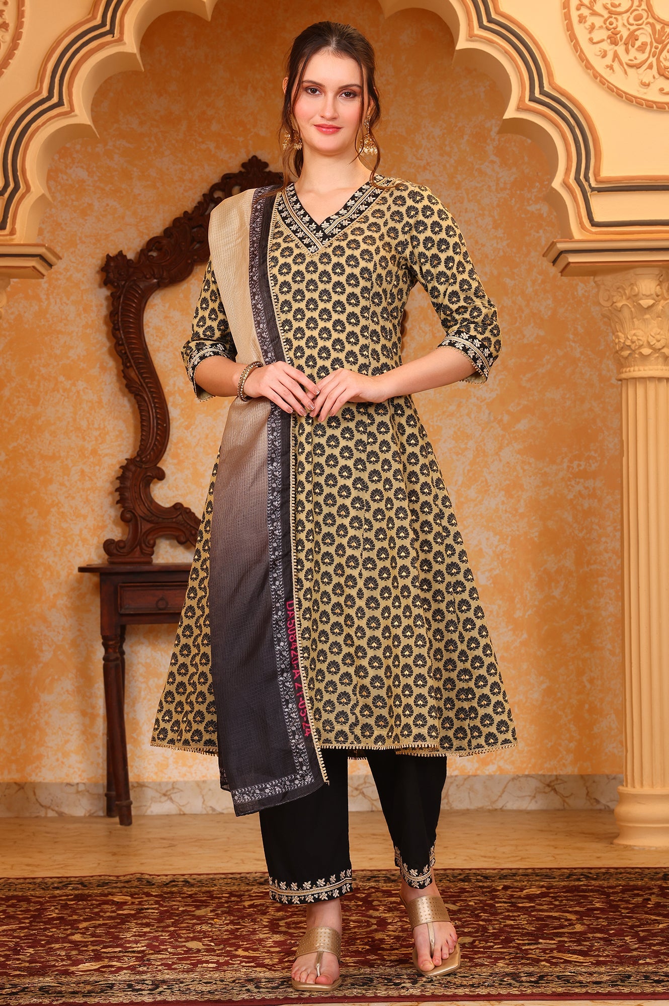 Black Ethnic Motifs Thread Embroidered A-Line Jacquard Kurta, Palazzo and Dupatta Set