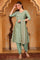 Aqua Abstract Printed Beads Embellished A-Line Jacquard Kurta, Salwar and Dupatta Set