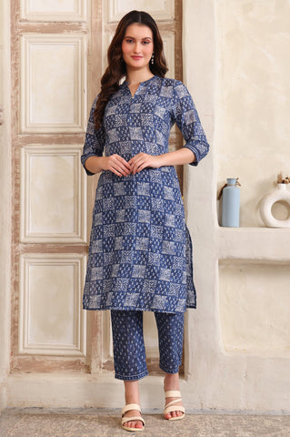 Blue Printed Straight Pure Cotton Kurta and Trouser Co-ord Set