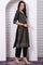 Black Geometric Printed Hand Work Jacquard Straight Kurta, Palazzo and Dupatta Set