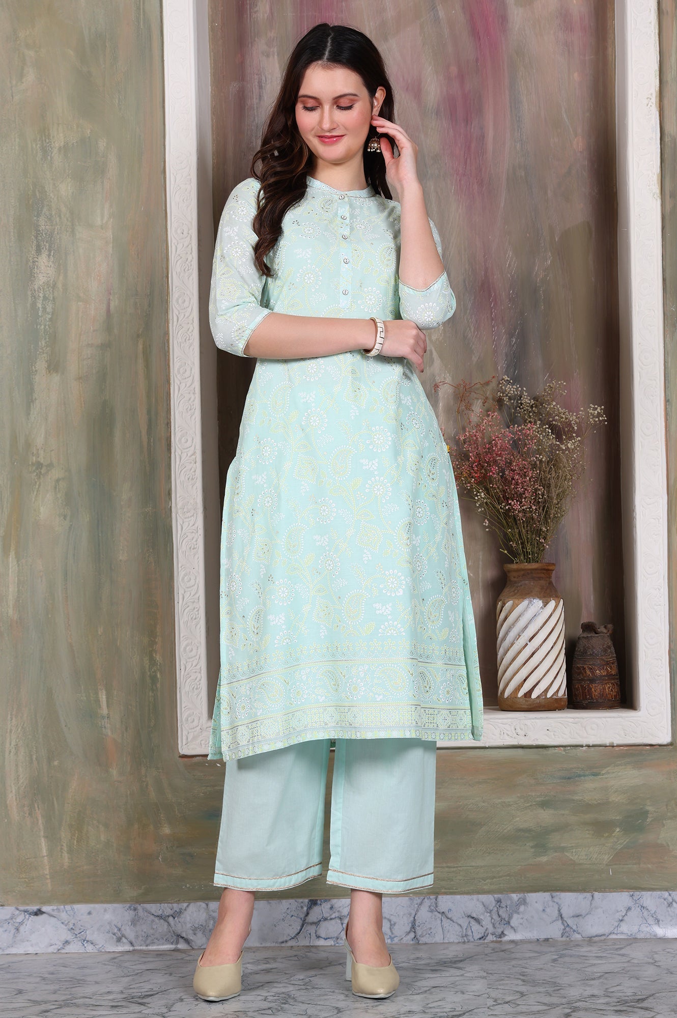 Blue Foil Printed Tape Embroidered Straight Pure Cotton Kurta and Palazzo Co-ord Set
