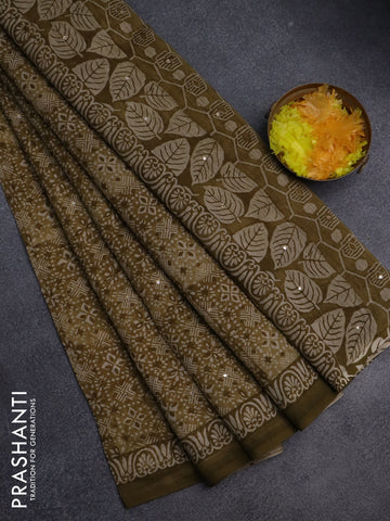 Chanderi silk cotton saree mustard green with allover prints & mirror work and printed border