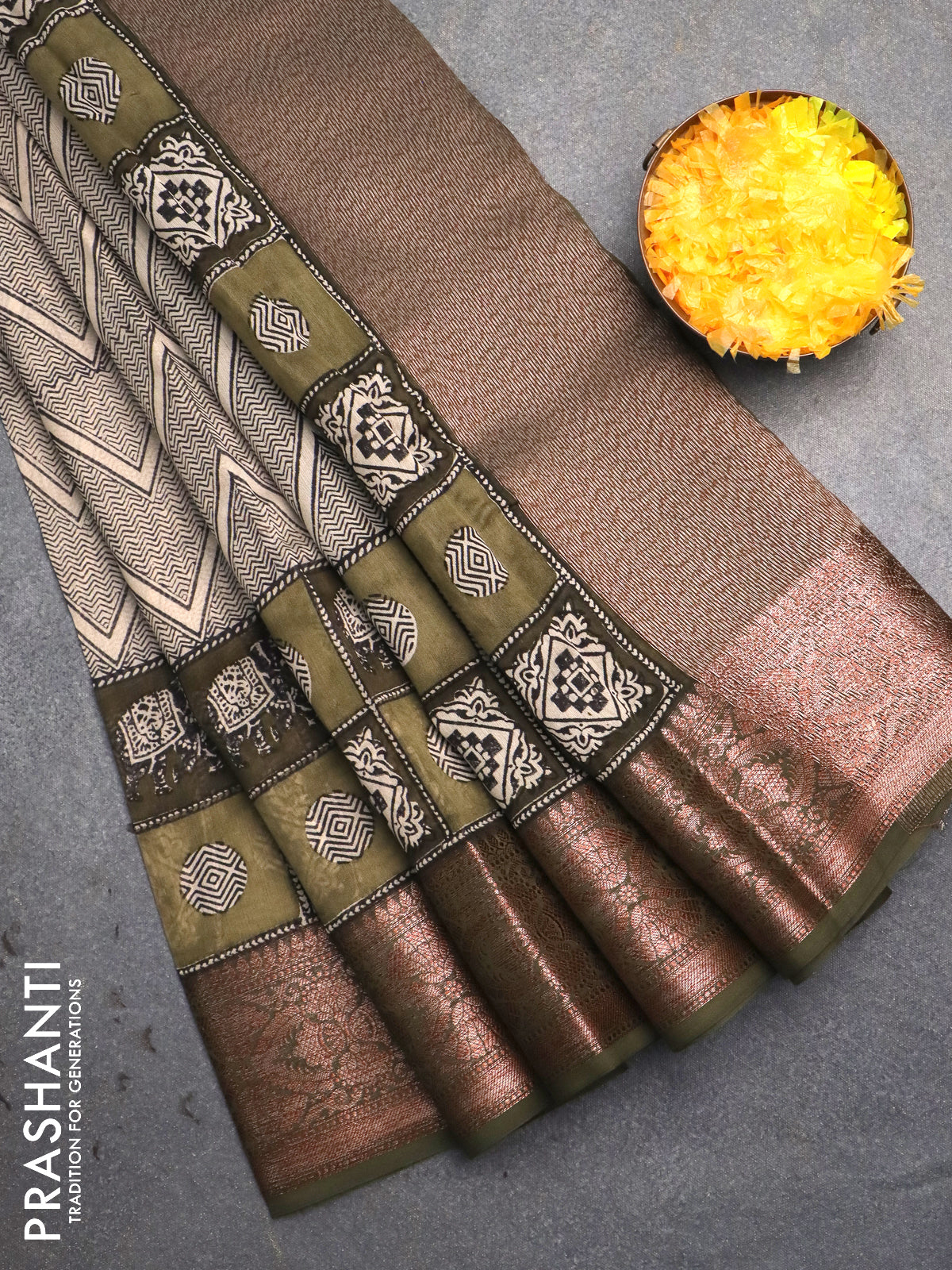 Chanderi silk cotton saree beige and sap green with allover prints and banarsi style border