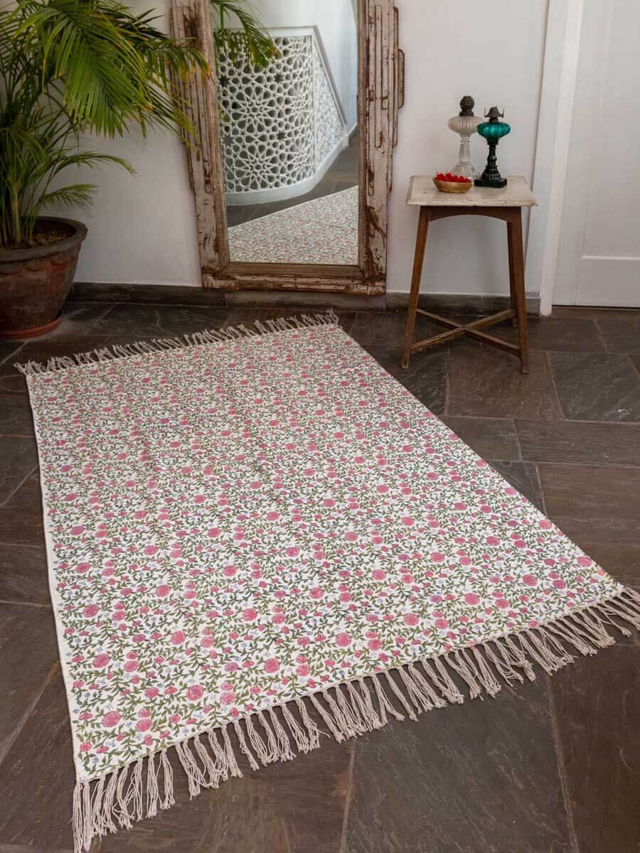 Aster Block Printed Cotton Dhurrie Rug