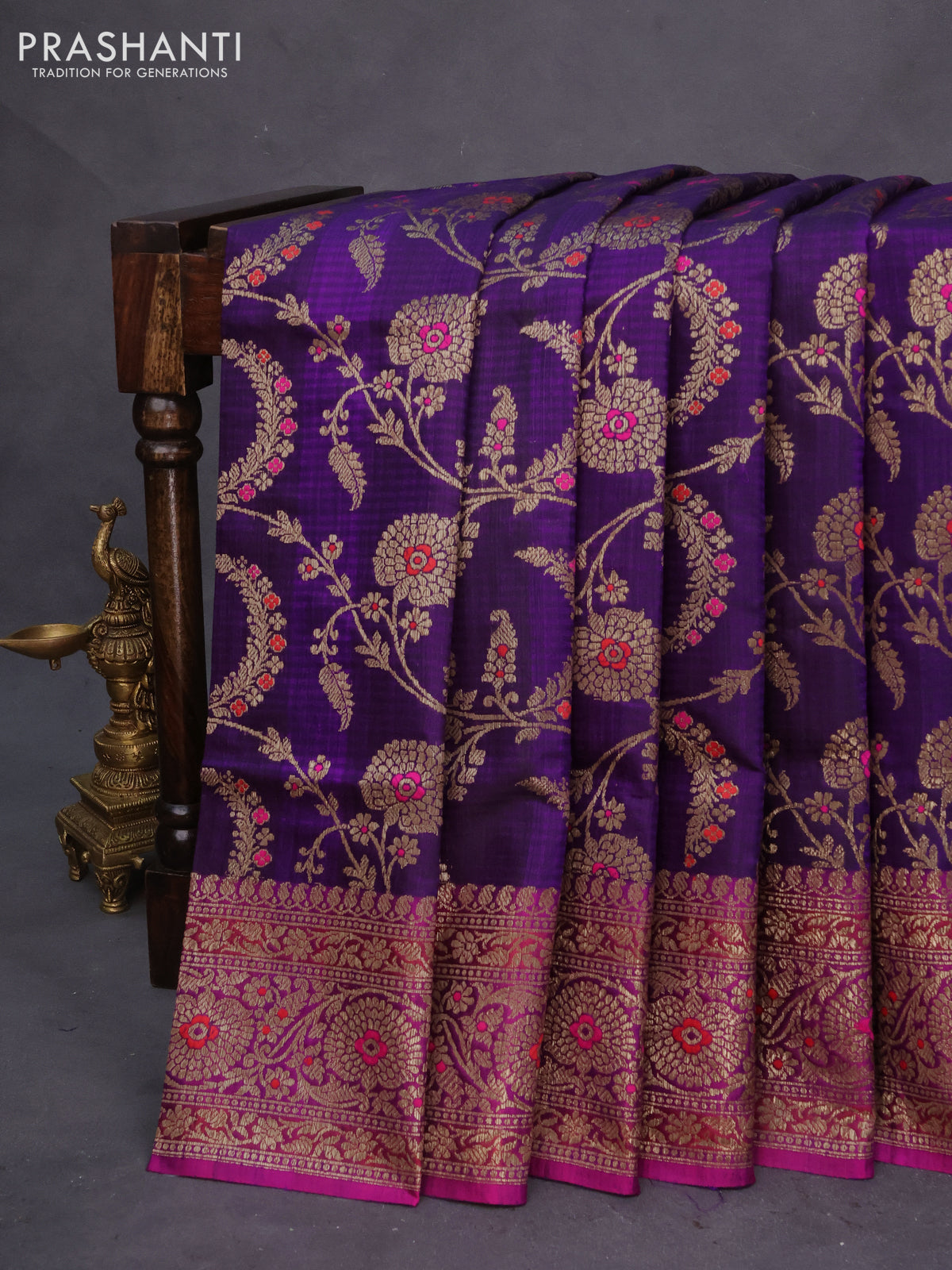 Banarasi handloom dupion silk saree deep violet and purple with allover thread & zari weaves and woven border