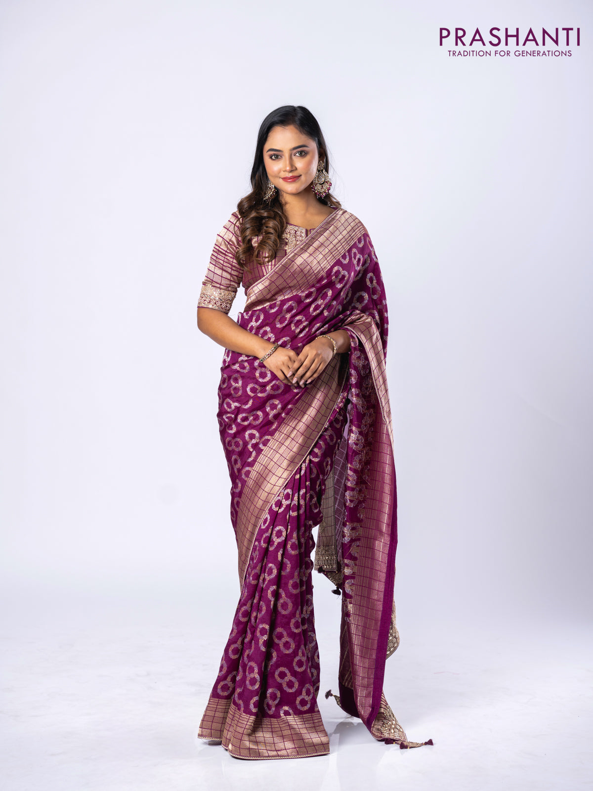 Banarasi munga silk saree purple with allover silver & gold zari weaves and zari woven lace border