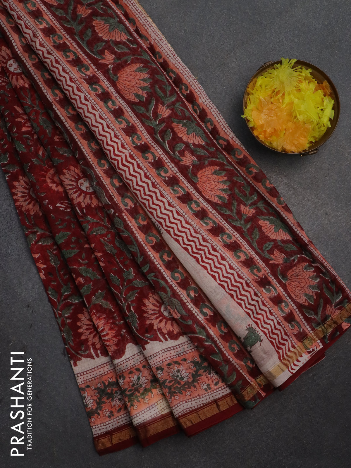 Chanderi bagru saree maroon and peach orange with allover prints and zari woven border