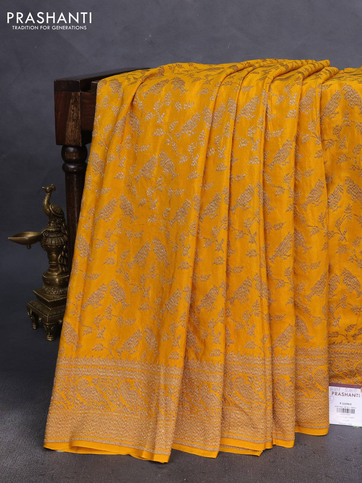 Banarasi crepe saree mango yellow with allover thread & zari weaves and woven border