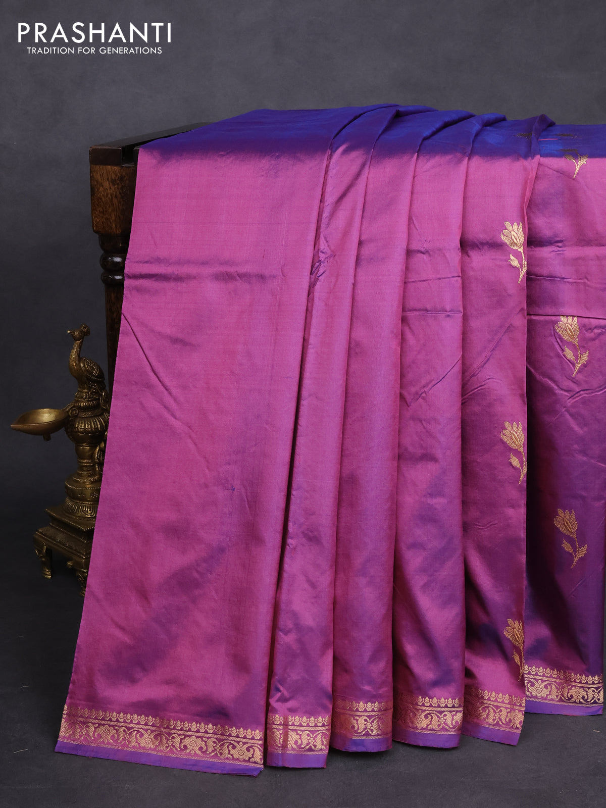 Banarasi katan silk saree dual shade of purple with zari woven floral buttas and zari woven border