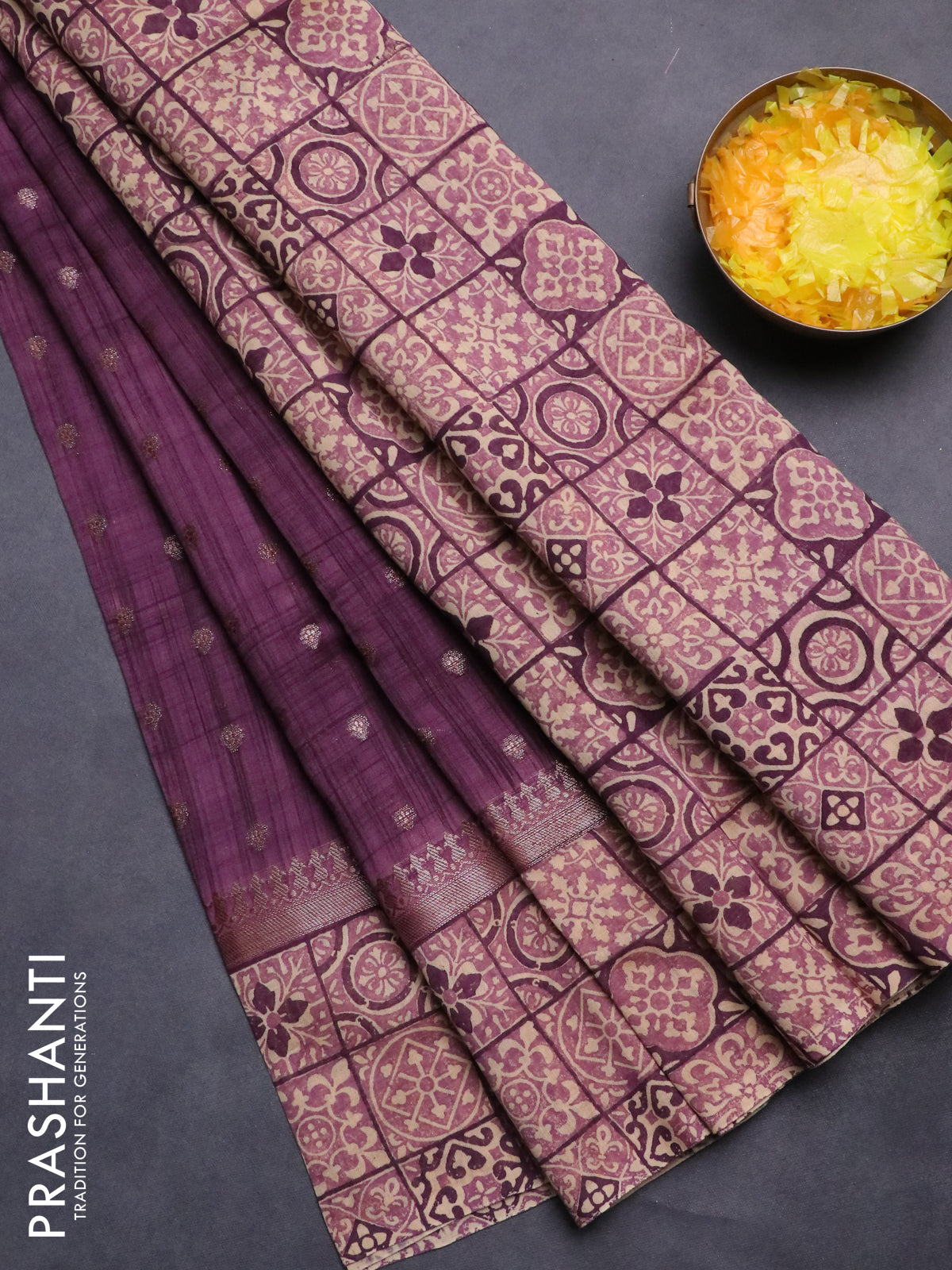 Chanderi silk cotton saree wine shade and beige with allover zari buttas and printed border