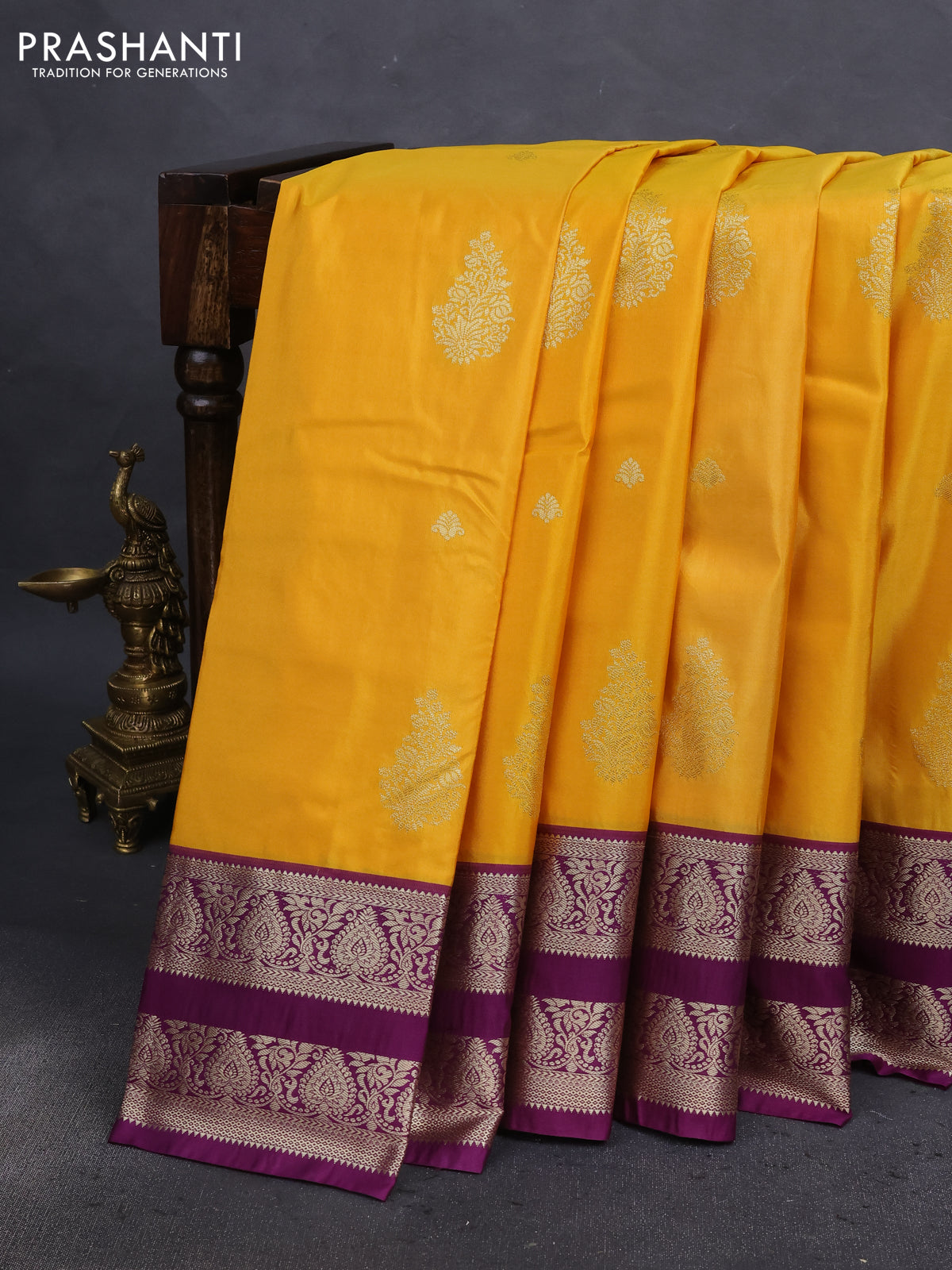 Bangalori silk saree mustard yellow and deep purple with zari woven buttas and zari woven border