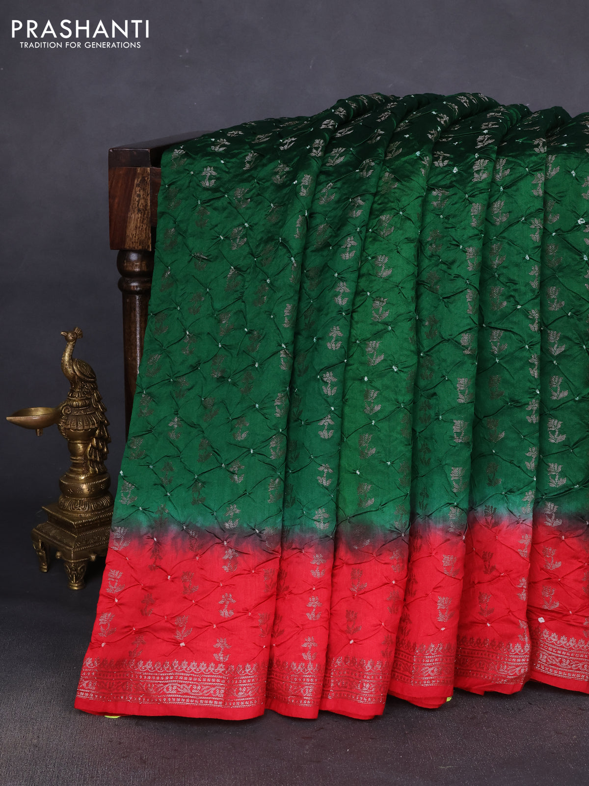 Chiniya silk saree green and red with allover bandhani prints & zari weaves and zari woven border