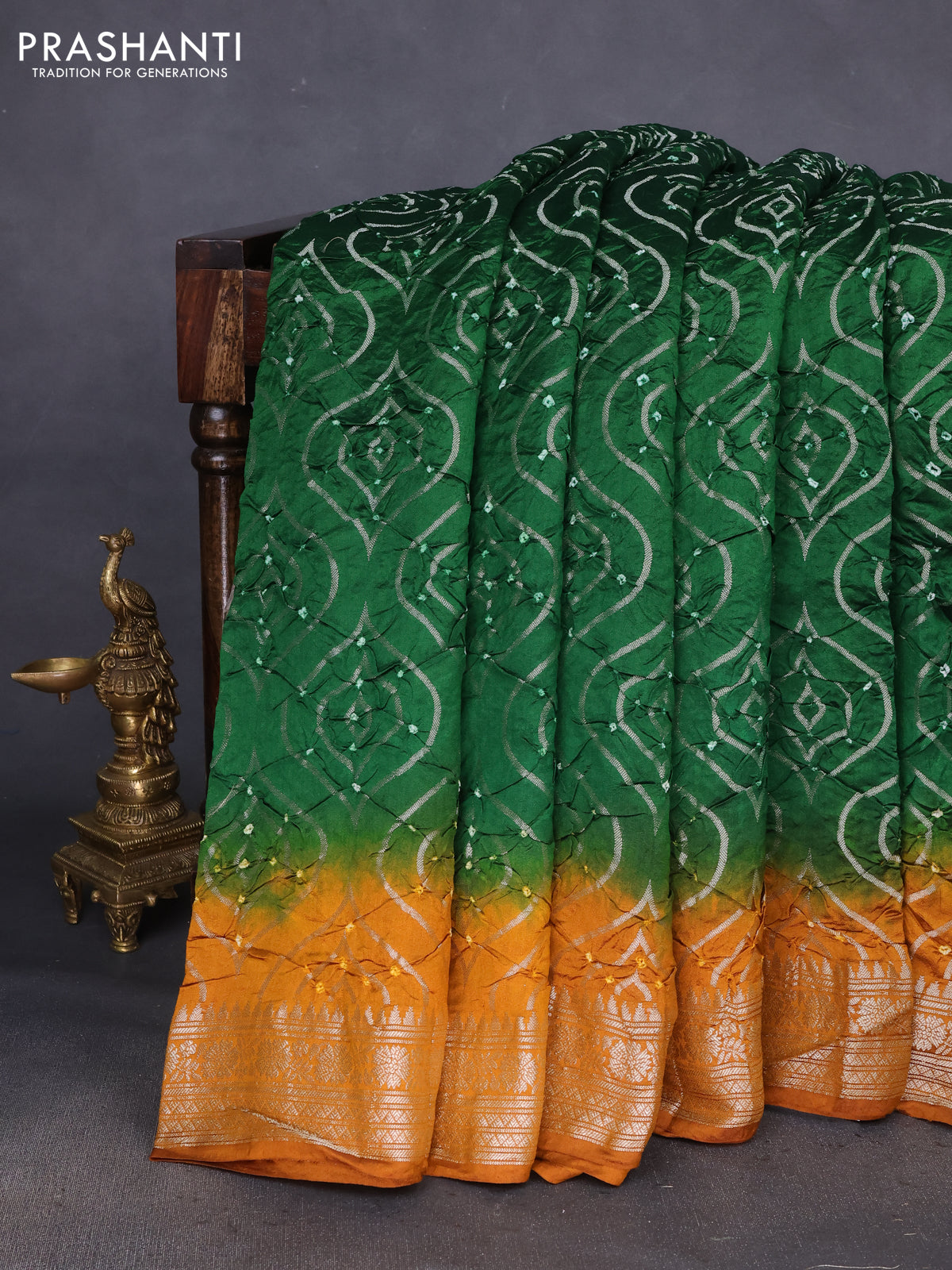 Chiniya silk saree green and mustard yellow with allover bandhani prints & zari weaves and zari woven border