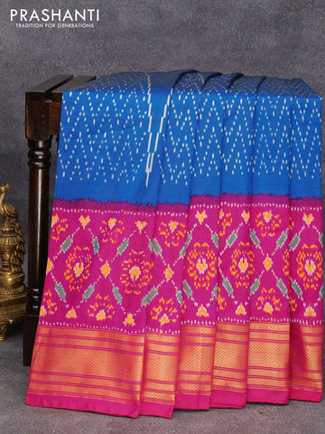 Pochampally silk saree cs blue and pink with allover ikat weaves and long ikat woven zari border