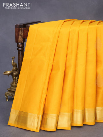 Pure kanchipuram silk saree mango yellow and pink with zari woven buttas and zari woven border