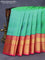 Pure kanchipuram silk saree teal green and pink with allover zari checked pattern and long zari woven korvai border