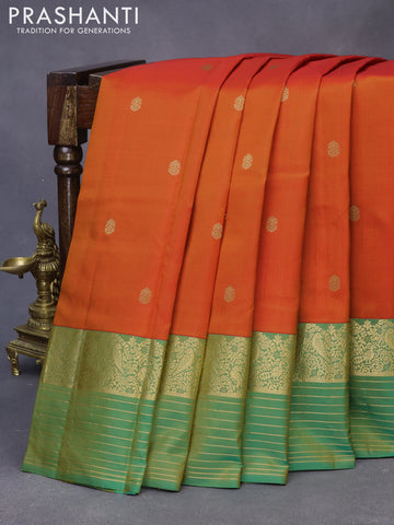 Pure kanchipuram silk saree orange and green with zari woven buttas and zari woven border