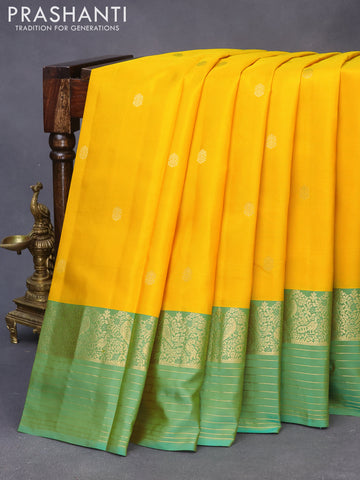 Pure kanchipuram silk saree mango yellow and green with zari woven buttas and zari woven border